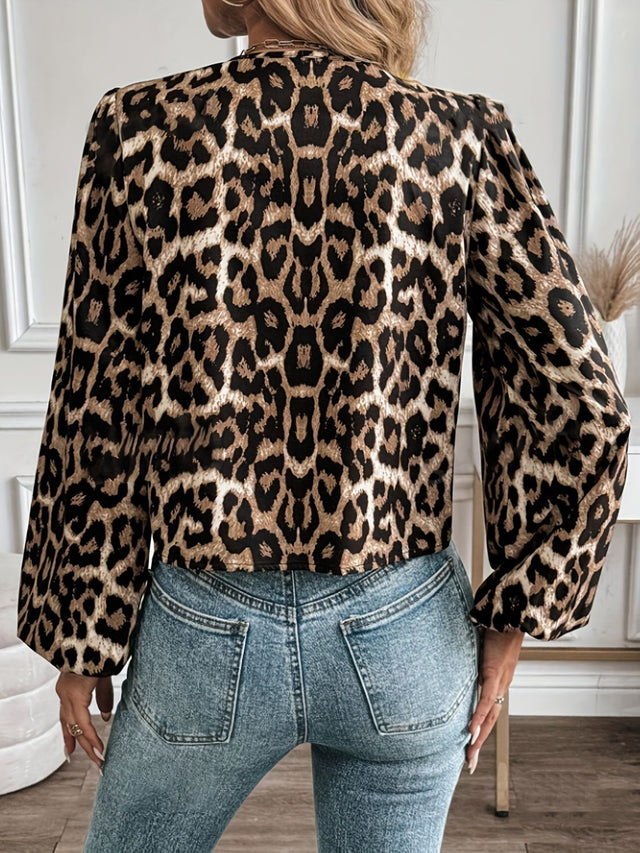 Tied Leopard Round Neck Long Sleeve Top | Hanalas