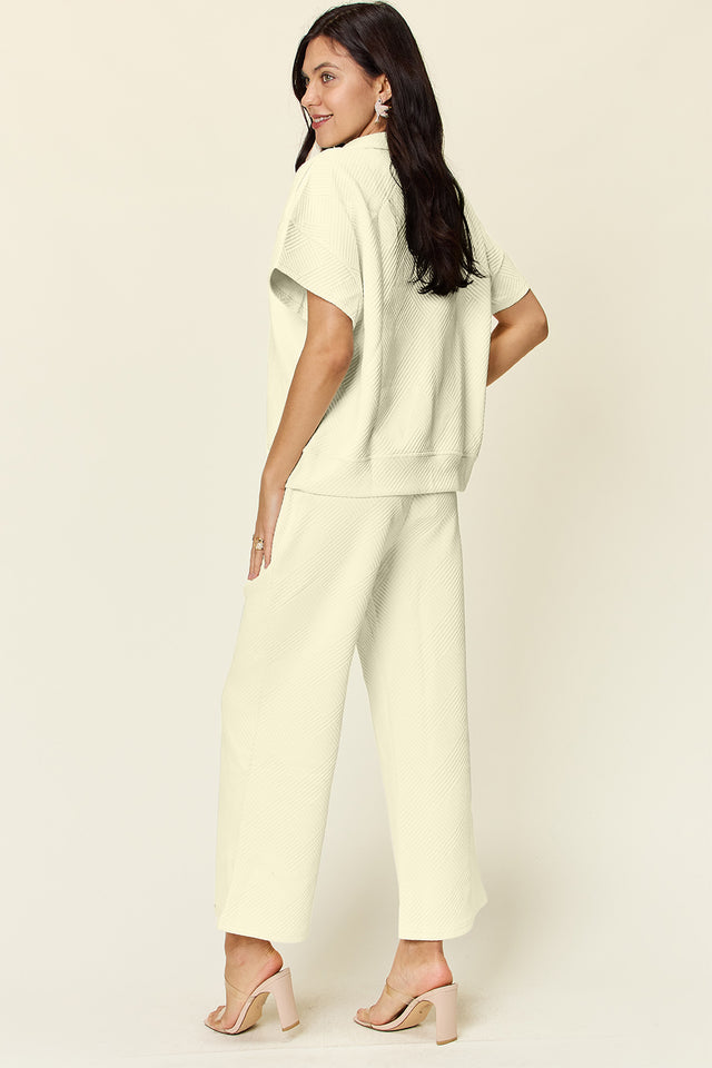 Double Take Full Size Texture Half Zip Short Sleeve Top and Pants Set | Hanalas