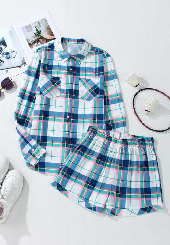 Plaid Button Down Long Sleeve Shirt and Shorts Lounge Set | Hanalas