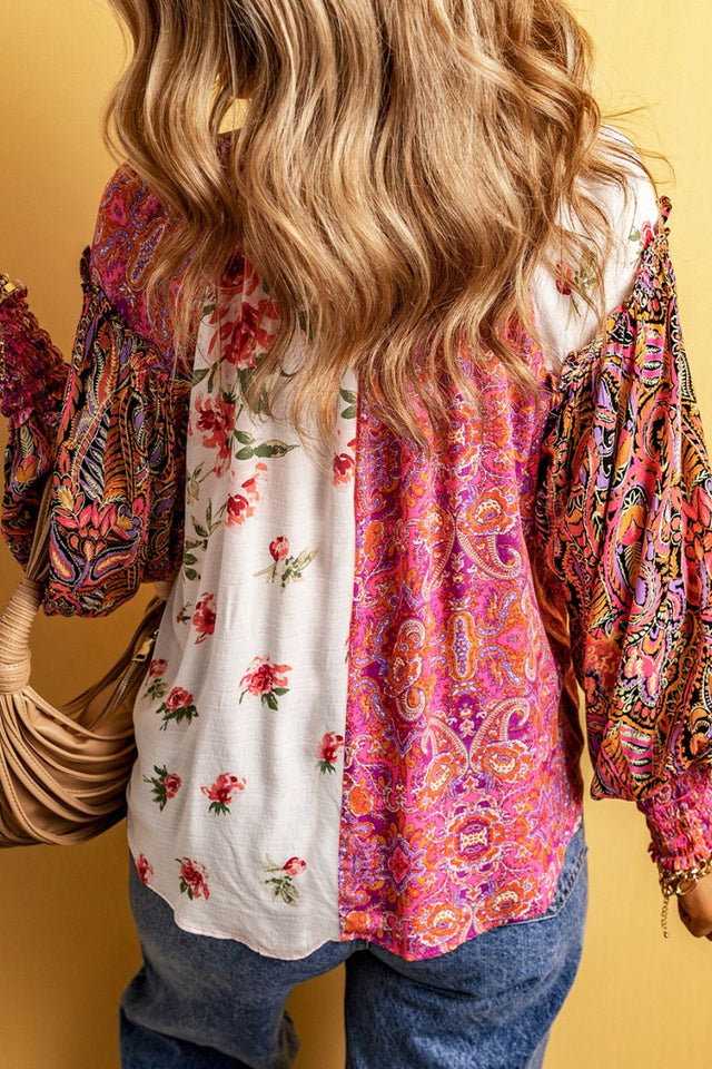 Frill Floral Shirred Cuff Long Sleeve Blouse | Hanalas