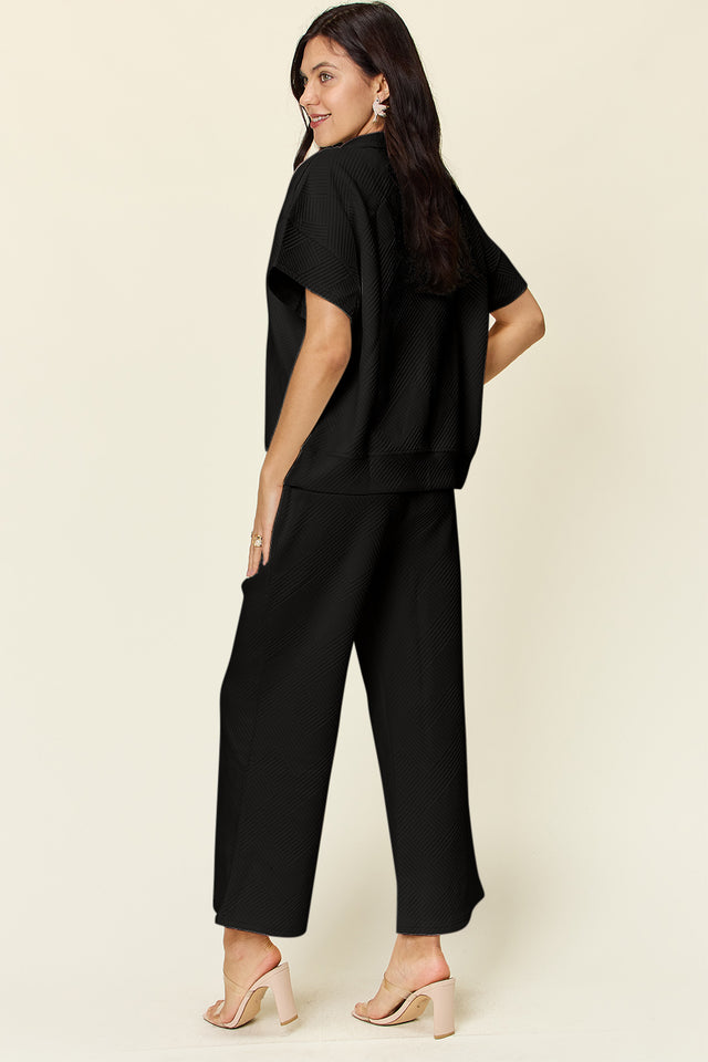 Double Take Full Size Texture Half Zip Short Sleeve Top and Pants Set | Hanalas