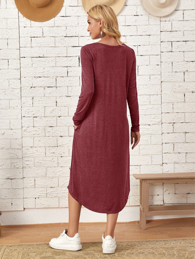 Pocketed Round Neck Long Sleeve Tee Dress - Hanalas