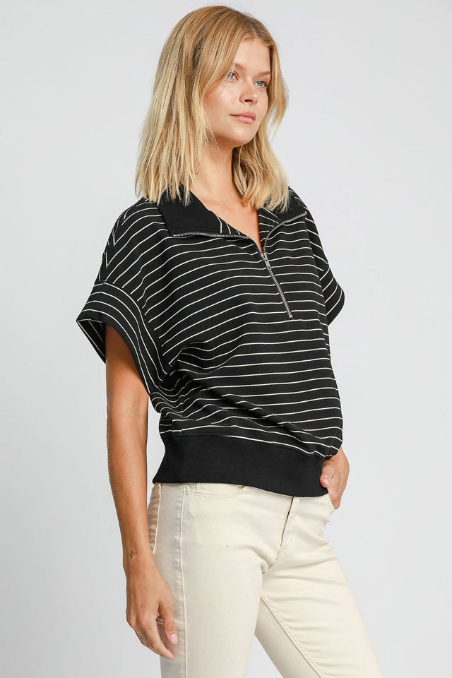 Umgee Striped Half Zip Short Sleeve Sweatshirt | Hanalas