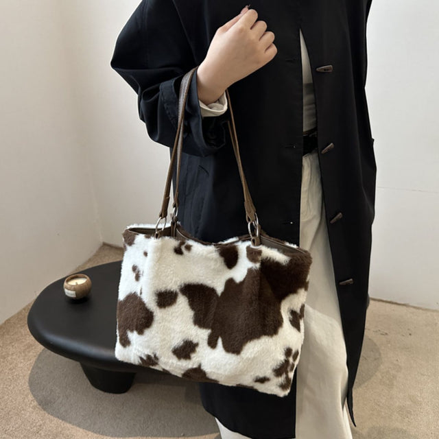 Cow Print Furry Tote Bag Trendsi Hanalas