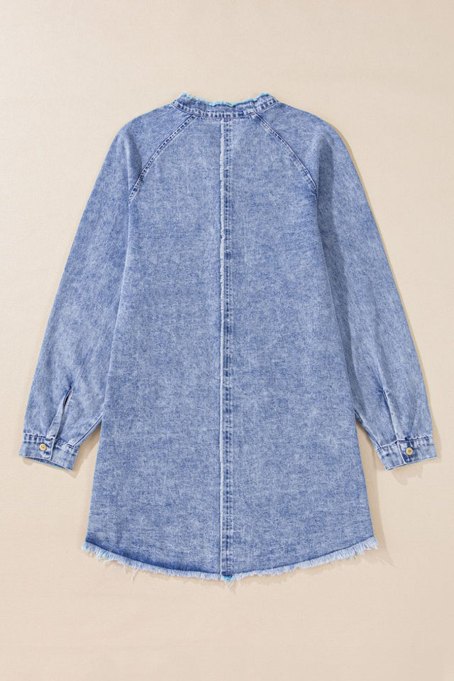 Raw Hem Button Down Long Sleeve Denim Dress Trendsi Hanalas