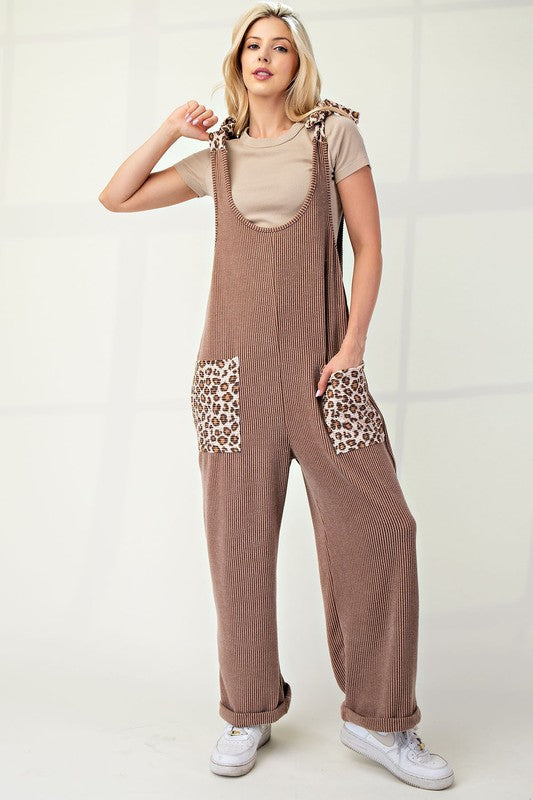 Celeste Full Size Ribbed Leopard Tied Shoulder Overalls | Hanalas