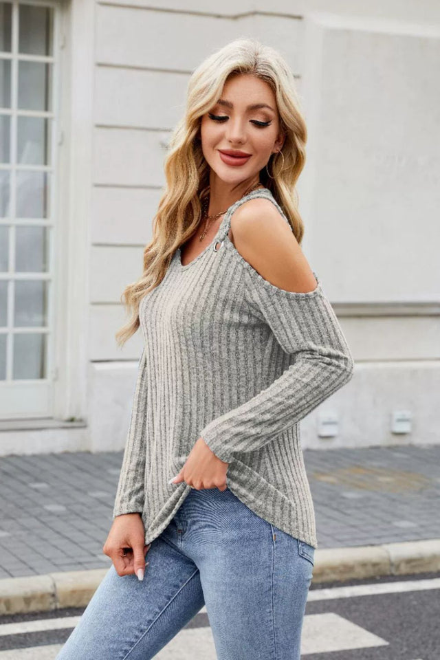 Ribbed Cold Shoulder Long Sleeve Top | Hanalas