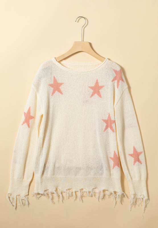 Contrast Star Raw Hem Long Sleeve Knit Top | Hanalas