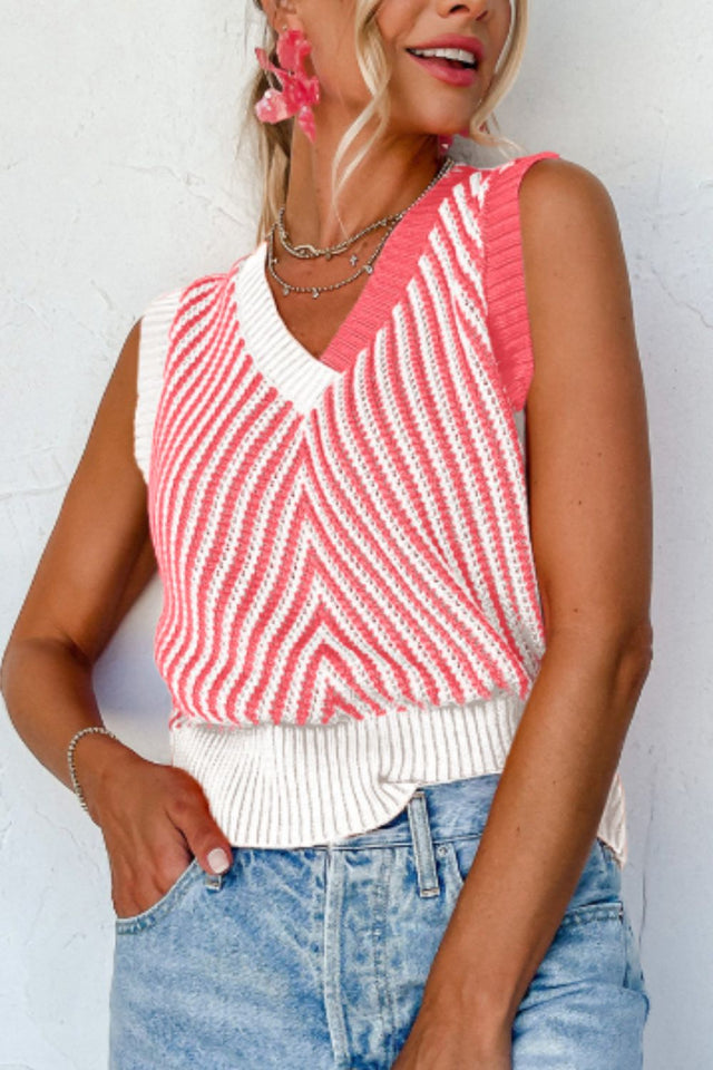 Striped Contrast V-Neck Sweater Vest | Hanalas