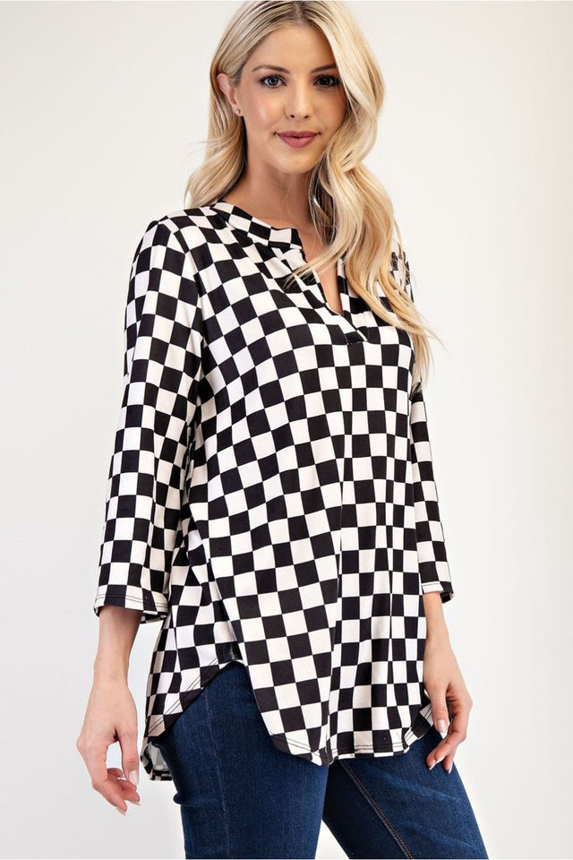 Celeste Full Size Curved Hem Checkered Notched Blouse | Hanalas