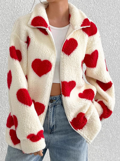 Heart Zip Up Drop Shoulder Furry Jacket | Hanalas