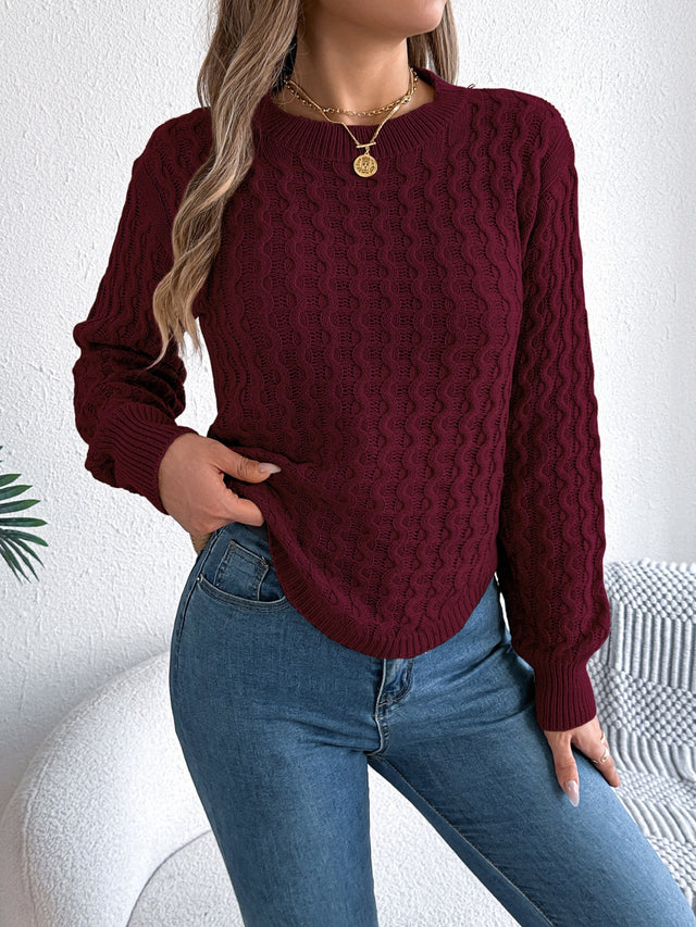 Asymmetric Hem Round Neck Long Sleeve Sweater Trendsi Hanalas