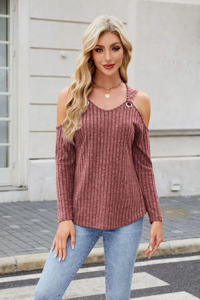 Ribbed Cold Shoulder Long Sleeve Top | Hanalas