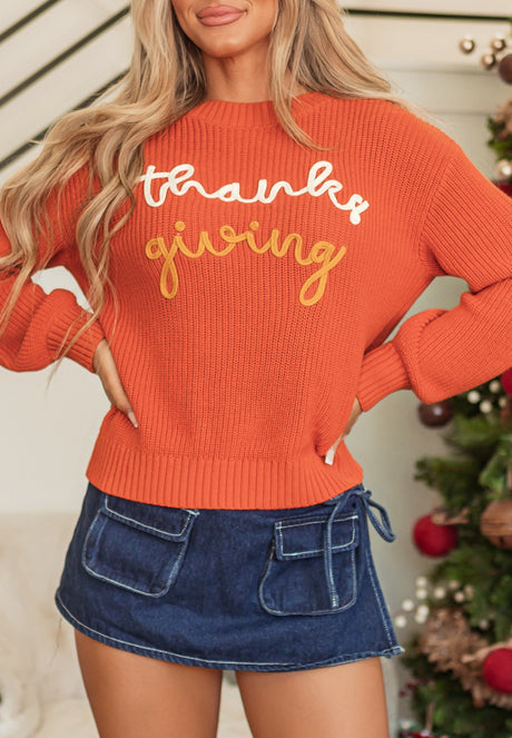 THANKS GIVING Round Neck Long Sleeve Sweater | Hanalas