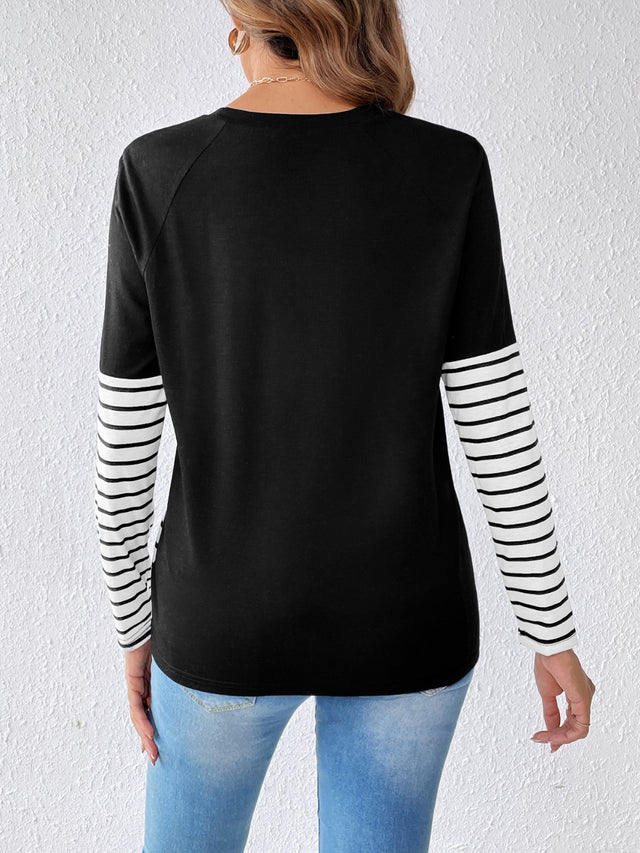 Striped Contrast Round Neck Long Sleeve T-Shirt | Hanalas