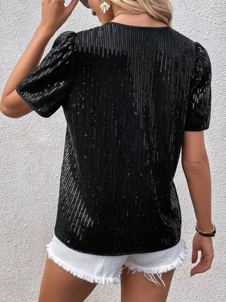 Sequin Round Neck Short Sleeve Top | Hanalas