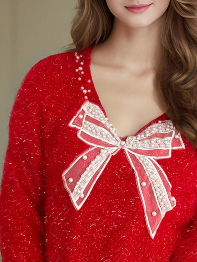 Bow Pearl Detail V-Neck Long Sleeve Sweater Trendsi Hanalas