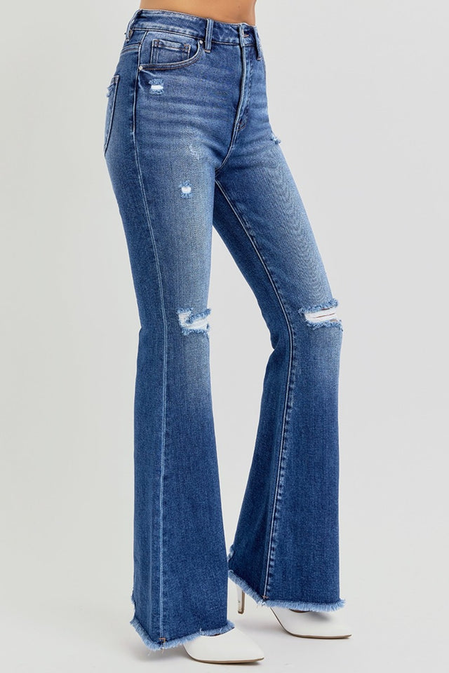 RISEN Full Size High Rise Distressed Raw Hem Flare Jeans | Hanalas