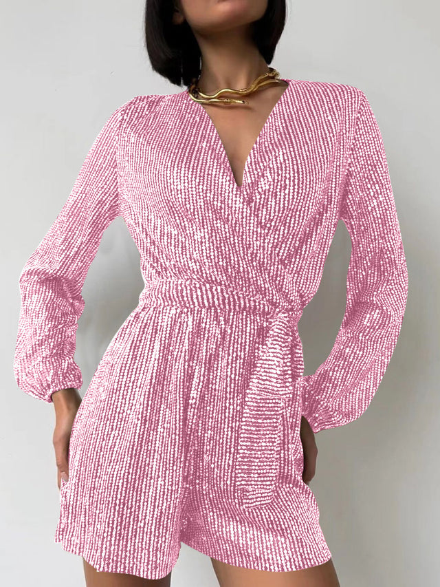 Full Size Sequin Surplice Tie Waist Long Sleeve Romper | Hanalas