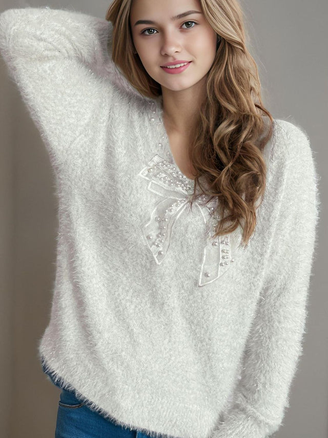 Bow Pearl Detail V-Neck Long Sleeve Sweater Trendsi Hanalas