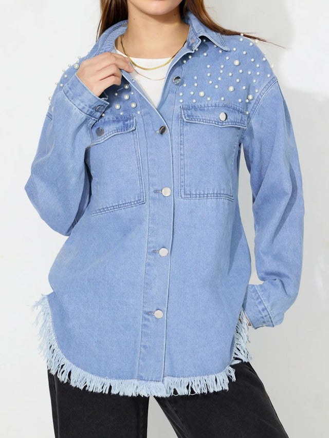 Raw Hem Pearl Trim Collared Neck Denim Top Trendsi Hanalas