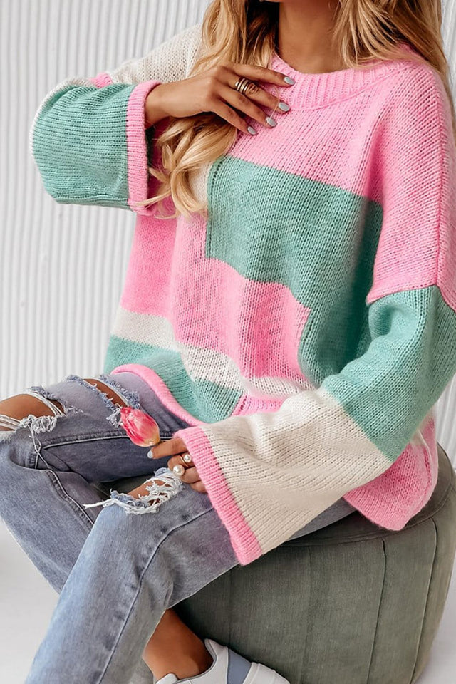 Color Block Round Neck Drop Shoulder Sweater | Hanalas