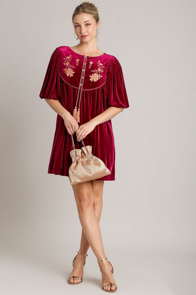 Umgee Embroidered Half Sleeve Velvet Mini Dress with Tassel | Hanalas