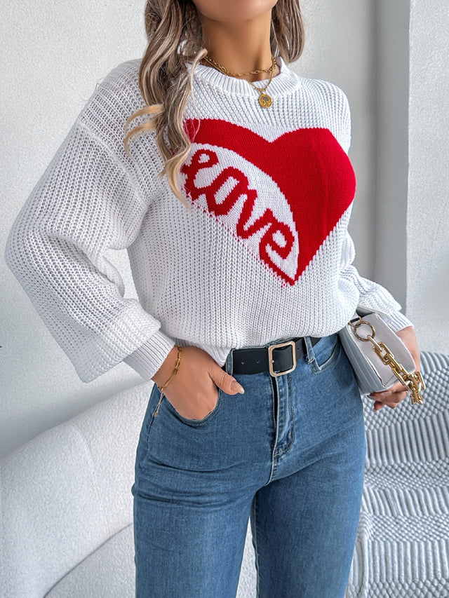 LOVE Heart Round Neck Dropped Shoulder Sweater | Hanalas