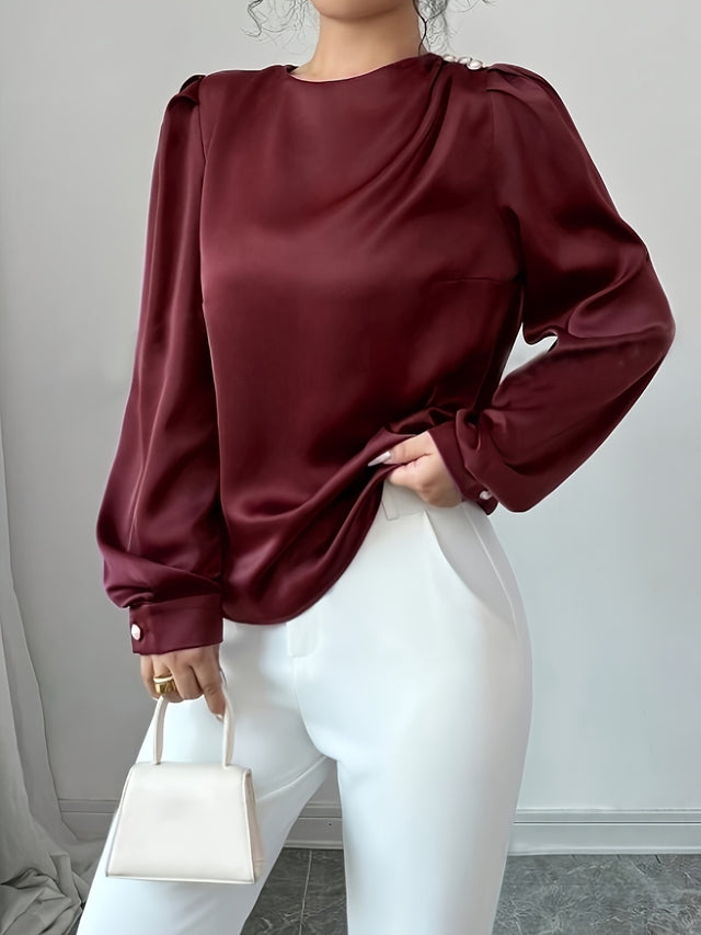 Ruched Round Neck Long Sleeve Blouse | Hanalas