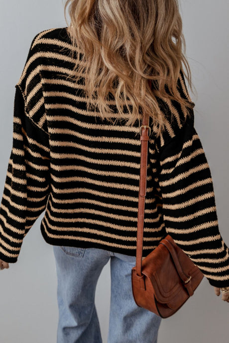 Stripe Drop Shoulder Round Neck Sweater | Hanalas