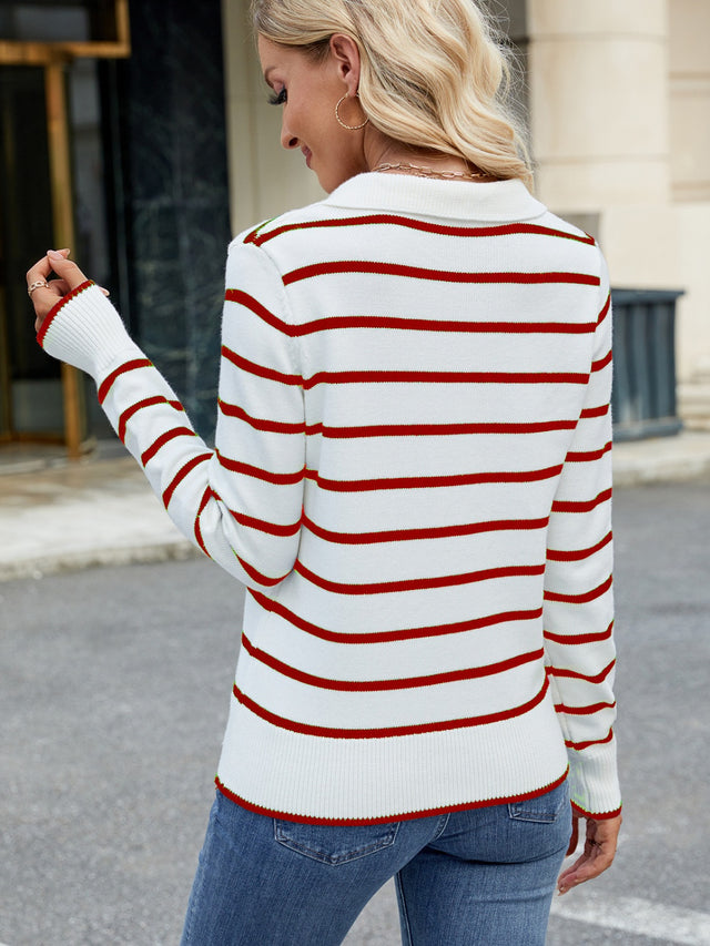 Striped Johnny Collar Long Sleeve Sweater | Hanalas