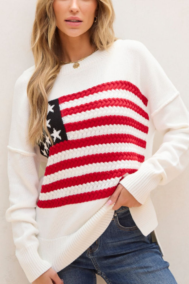 US Flag Side Slit Drop Shoulder Sweater | Hanalas