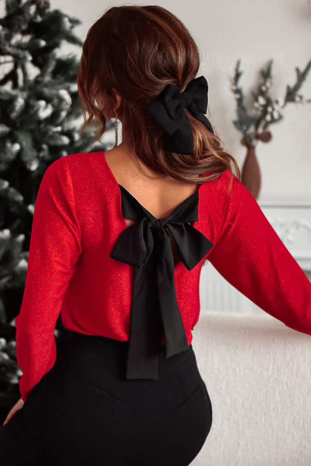 Bowknot V-Neck Long Sleeve Blouse Trendsi Hanalas