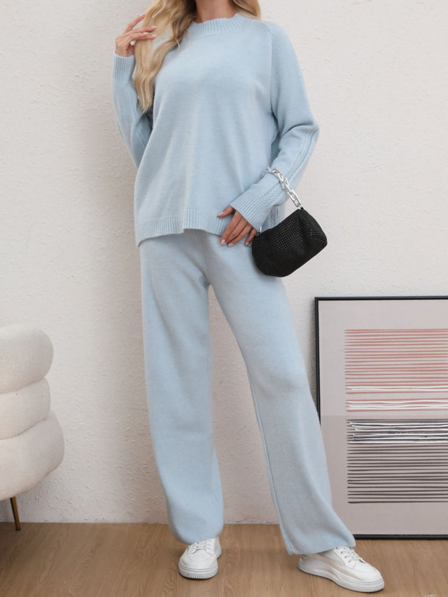 Mock Neck Long Sleeve Top and Pants Sweater Set | Hanalas