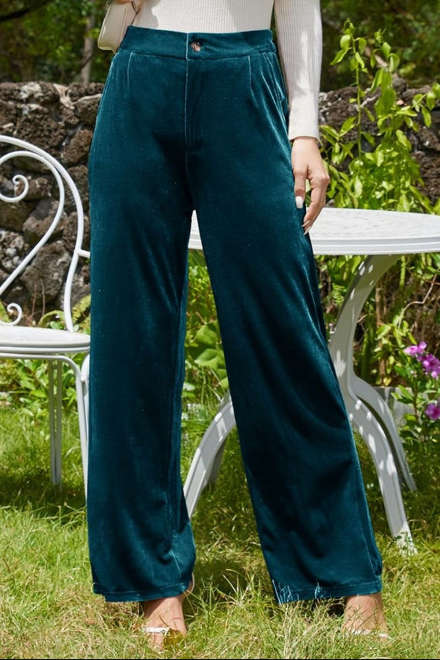 Velvet Wide Leg Pants with Pockets | Hanalas