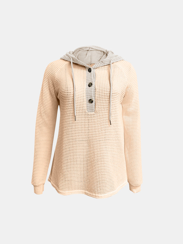 Full Size Waffle-Knit Contrast Long Sleeve Hoodie | Hanalas