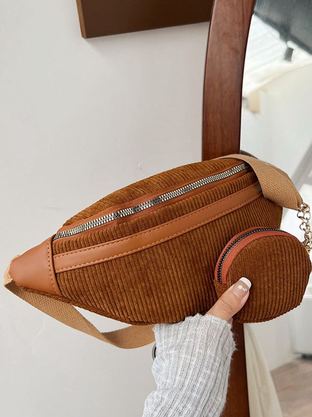 Corduroy Adjustable Strap Crossbody Bag with Pouch