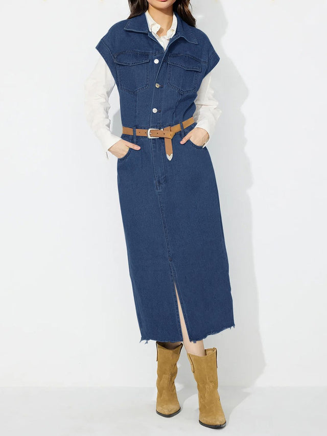 Slit Half Button Collared Neck Cap Sleeve Denim Dress Trendsi Hanalas