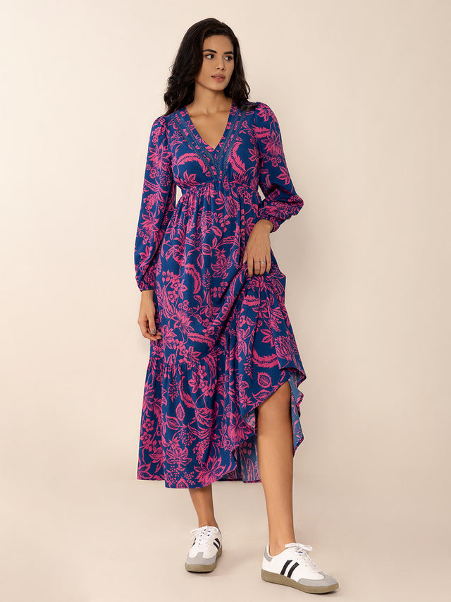 Printed V-Neck Long Sleeve Midi Dress Trendsi Hanalas