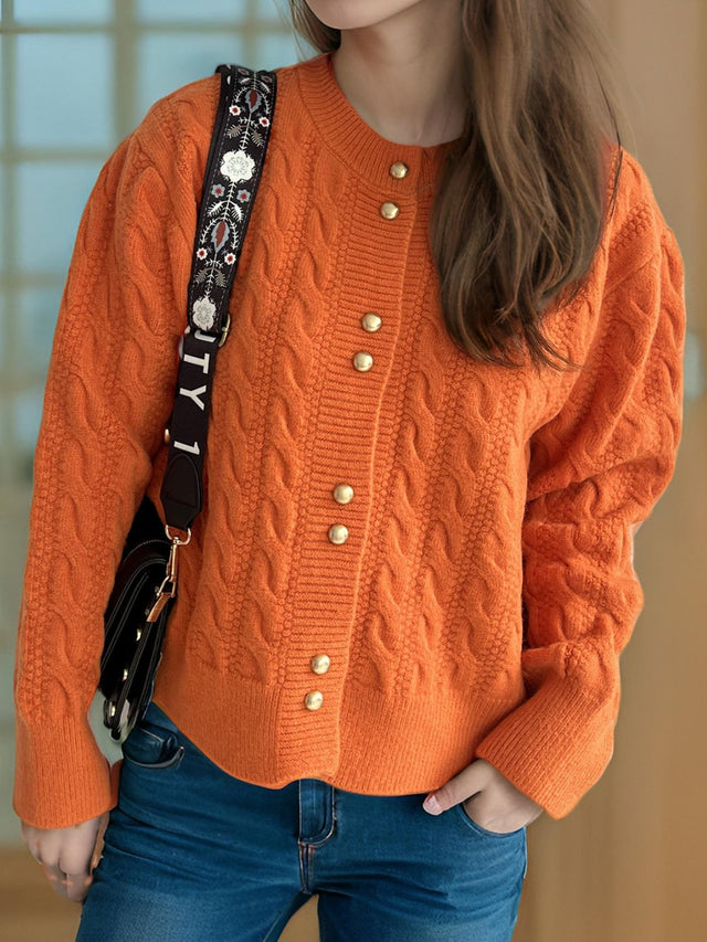 Cable-Knit Round Neck Long Sleeve Cardigan Trendsi Hanalas