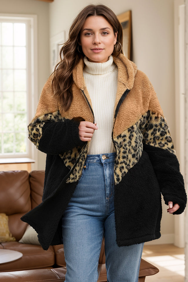 Plus Size Leopard Zip Up Hooded Outerwear Trendsi Hanalas