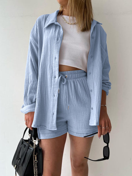 Texture Button Up Shirt and Drawstring Shorts Set | Hanalas