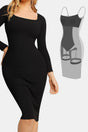 Basic Bae Full Size Built-In Shapewear Square Neck Long Sleeve Dress | Hanalas