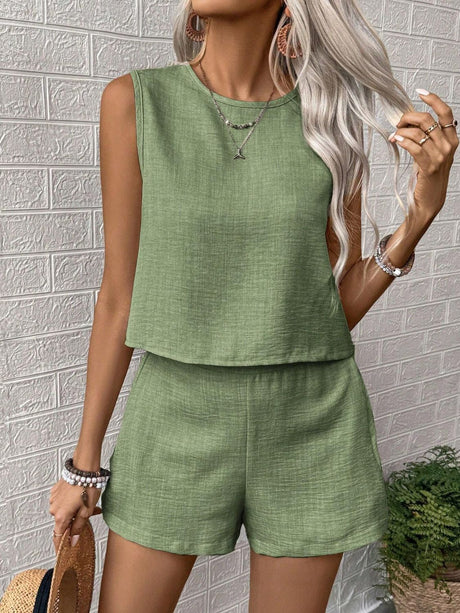 Round Neck Sleeveless Top and Shorts Set | Hanalas