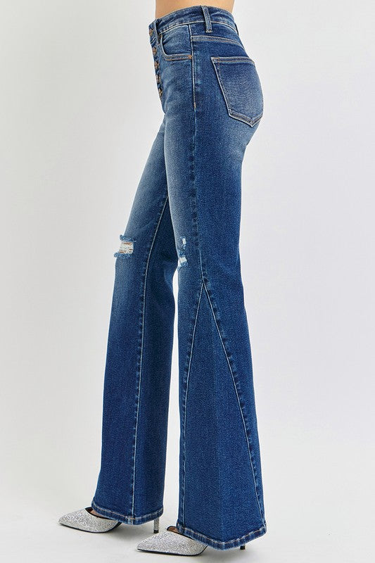 RISEN Distressed Button-Fly Flare Jeans | Hanalas