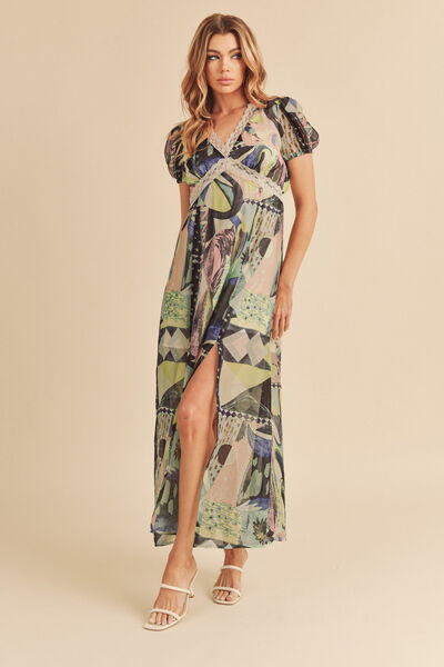 Aemi + Co Lace Detail Slit Geometric Print Short Sleeve Maxi Dress | Hanalas