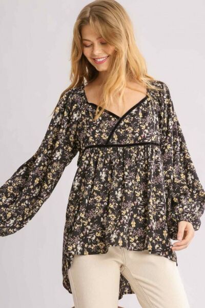 Umgee Full Size Floral Print Velvet Trimmed Balloon Sleeve Top Plus Size | Hanalas