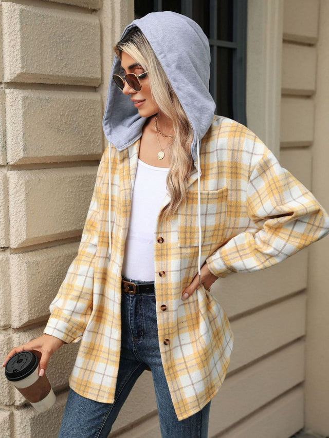 Drawstring Plaid Button Up Hooded Jacket Trendsi Hanalas