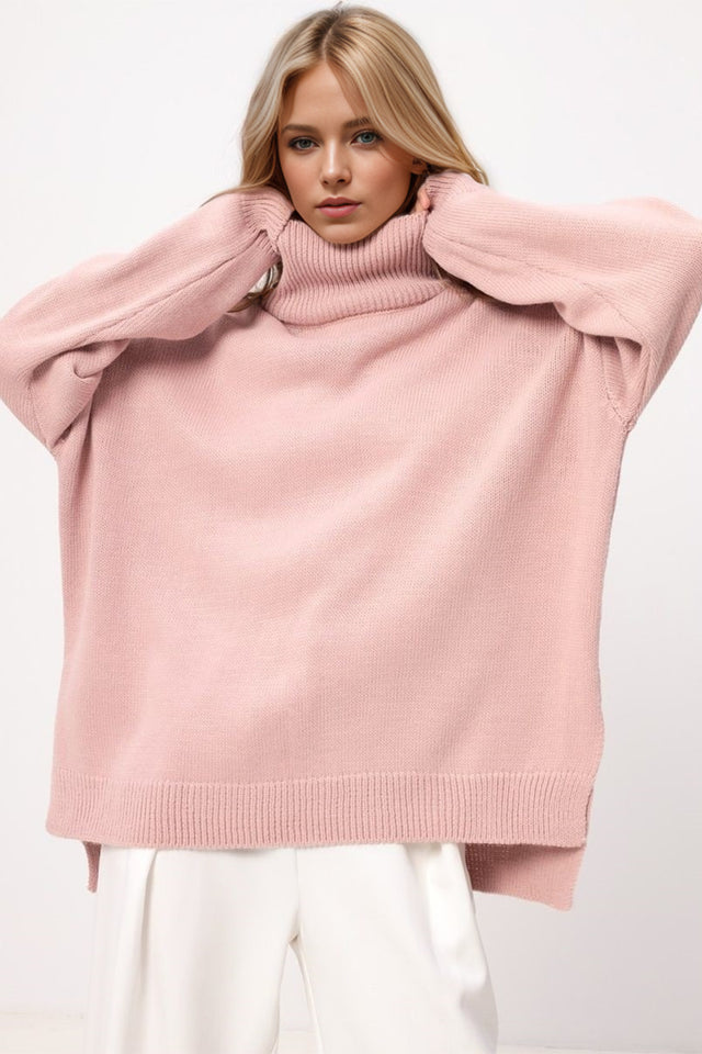 Basic Bae Side Slit Turtleneck Long Sleeve Sweater Trendsi Hanalas