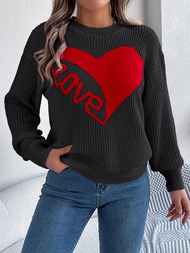 LOVE Heart Round Neck Dropped Shoulder Sweater | Hanalas